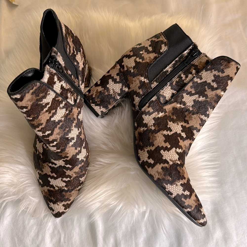 Preston & York Houndstooth Ankle Boots - Tan and Brown Calf Hair